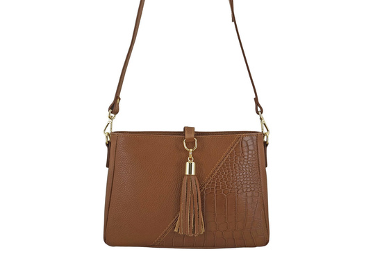 Torebka skórzana z ozdobnym frędzlem - Brązowa jasna