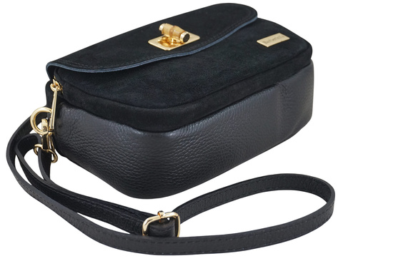 Mała zamszowa listonoszka ze złotym zapięciem - Czarna