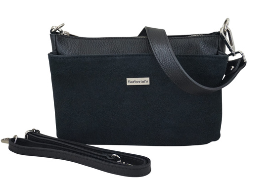 Pojemna torebka listonoszka ze skóry i zamszu - Czarna 