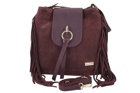 Skórzana torebka boho z frędzlami - Bordowa 