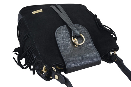 Skórzana torebka boho z frędzlami - Czarna 