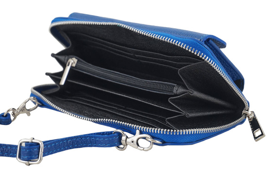 Portfel z etui na telefon ze skóry licowej - Chabrowy