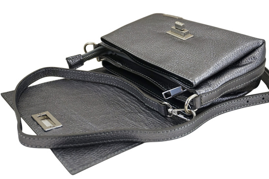 Skórzana torebka damska metalizowana - Srebrna ciemna 