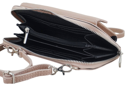 Portfel z etui na telefon ze skóry licowej - Różowy pudrowy