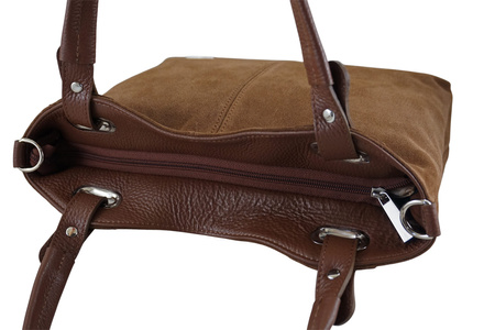 Duża elegancka torebka z naturalnej skóry i zamszu - Brązowa