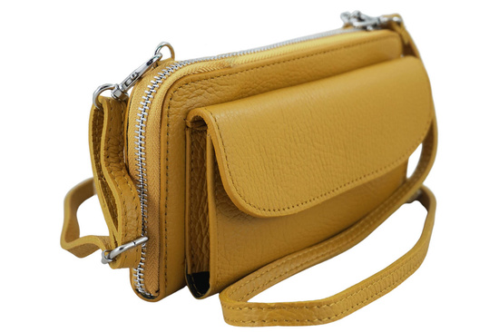 Portfel z etui na telefon ze skóry licowej - Żółty ciemny