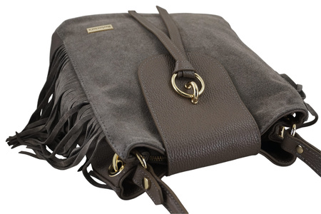 Skórzana torebka boho z frędzlami - Beżowa ciemna 