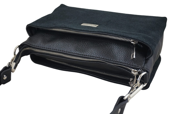 Pojemna torebka listonoszka ze skóry i zamszu - Czarna 