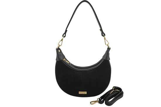 Subtelna mini torebka z miękkim zamszem i złotymi detalami - Czarna 