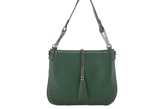 Modna torebka skórzana na ramię z nitami - Zielona ciemna 
